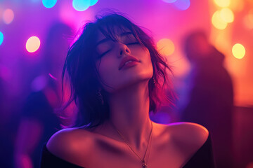 Wall Mural - A young woman with short hair dancing in the club, surrounded by people and colorful lights