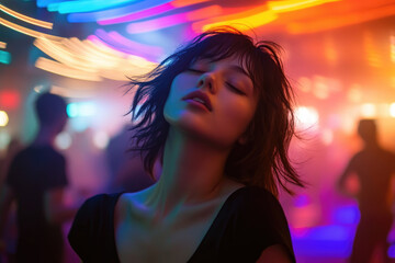 Canvas Print - A young woman with short hair dancing in the club, surrounded by people and colorful lights