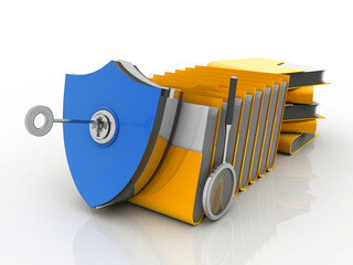Poster - laptop folder with shield. Isolated 3d rendering image