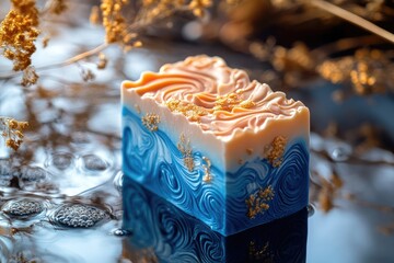 Handmade soap bar reflecting in water with gold flakes and swirls of color