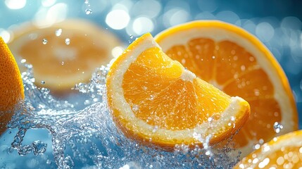 Fresh sweet Juicy orange pieces falls into water or juice with splashes 