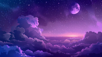 Wall Mural - Purple gradient mystical moonlight sky with clouds and stars phone background wallpaper