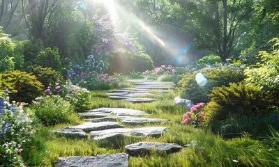 Canvas Print - Tranquil garden with a stone pathway, Video