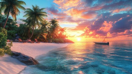 Wall Mural - Tropical beach sunset with palm trees and boat.