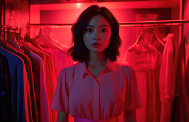 Wall Mural - an Asian woman in her mid-30s wearing a pink blouse and skirt, standing inside a shop and surrounded by hanging