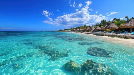 Wall Mural - Clear turquoise water, white sand, palm trees, and beach chairs.