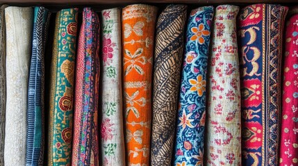 Fototapete - Detailed Indian cotton textiles with traditional patterns, offering a vibrant background of craftsmanship.