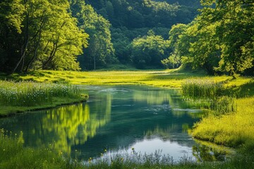 A tranquil river flows through a lush green forest.