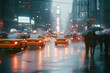 © dK - Rainy evening in New York City with yellow taxis and people holding umbrellas, reflecting urban life and wet street lights in a moody atmosphere