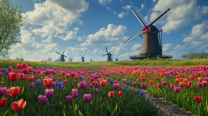 Dutch windmills overlooking a field of tulips.