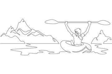 Poster - Continuous one line drawing travel on water in a kayak. Woman with oars floats on a canoe. Mountain landscape. One continuous line isolated minimal illustration.