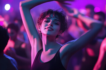 Canvas Print - A young woman with short hair dancing in the club, surrounded by people and colorful lights