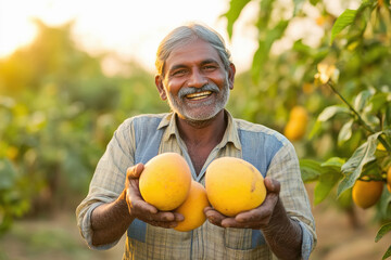 Poster - indian farmers of Joyful Harvest in the india are picking big, ripe, round and plump yellow mangoes