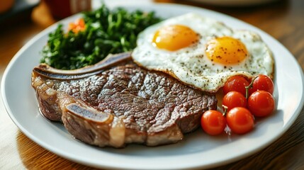 A plate of prime steak served with two fried eggs on a simple white ceramic plate. With side dishes such as green leafy vegetables and tomatoes.