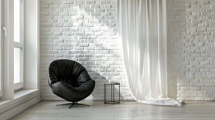 Poster - White wall of bricks paired with a black chair and curtain accents