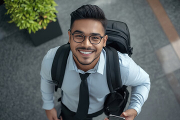 Poster - young stylish indian businessman walking happy holding a phone looking up