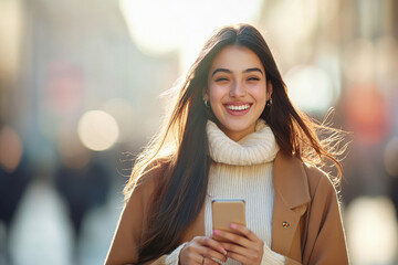 Wall Mural - young beautiful woman wearing orange jacket smiling and holding smartphone while walking