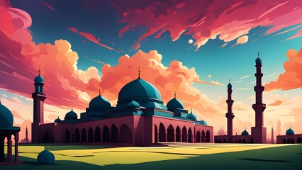 Wall Mural - A beautiful blue and pink sky with a large building in the background