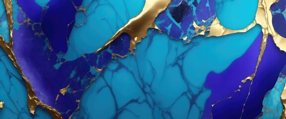 Cyan and purple marble texture background with cracked gold details