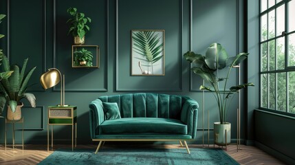 Sticker - Chic retro home interior with mockup poster, vintage furniture, velvet sofa, designer lamps, gold shelf, plants, and elegant accents. Elegant living room decor.