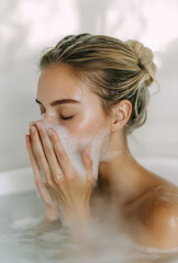 Canvas Print - a woman in the bathtub, washing her face with water and soap.