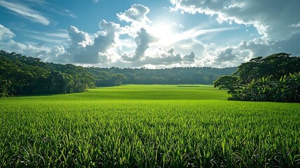 Wall Mural - A lush green field with a forest backdrop and drifting clouds captures the serene and abundant beauty of nature.