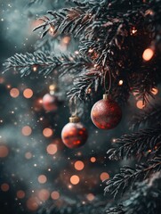 Wall Mural - weihnachtsbaum mit kugeln und verschwommenen, glã¤nzenden lichtern, rotes bokeh