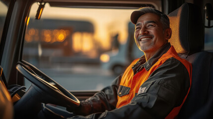 happy indian bus driver driving in a bus while looking away against blurred background at sunrise