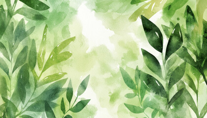 Wall Mural - A vibrant watercolor illustration featuring lush green leaves, creating a serene and natural backdrop.