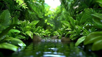 A lush tropical rainforest creek with green foliage and flowing water captures the essence of natural serenity.