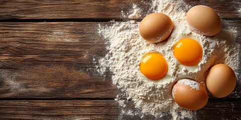 Close-up of raw eggs and flour on a rustic wooden surface, showcasing ingredients for baking or cooking preparation.