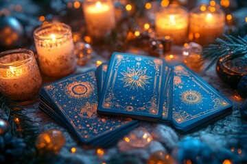 a mystical tarot reading scene under a starlit sky, with celestial-themed cards spread on a table su