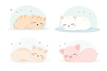 Adorable sleeping animals including cats and a pig, perfect for children's themes and cute illustrations.