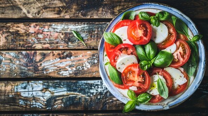 Wall Mural - A fresh Caprese salad with vibrant tomatoes, mozzarella, and basil leaves, arranged beautifully on a rustic wooden table.