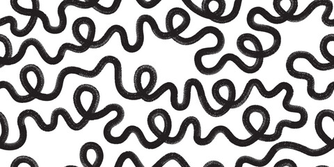 Organic grunge bold lines, squiggles. Black brushing shapes vector seamless pattern. Hand drawn grunge curly swirls, scribbles