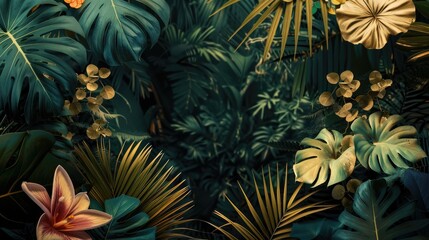 Poster - Toned colors on a dark jungle backdrop with tropical foliage.