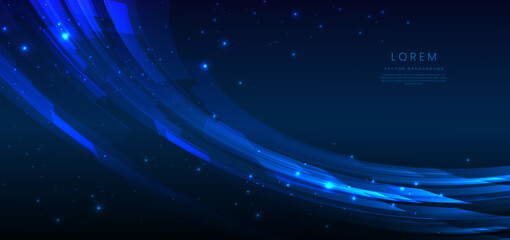Poster - Abstract technology futuristic glowing curve lines neon blue light ray on dark blue background with square pattern digital element.