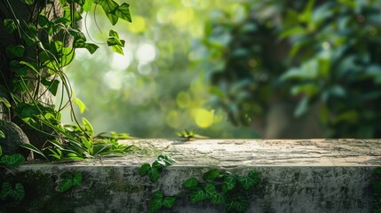 Poster - Natural green background with stone podium in the foreground.