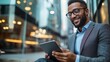 © Generative ART - Happy Young Entrepreneur Holding Tablet While Smiling Outdoors in Urban Setting with Glass Buildings