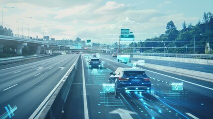 Highways dotted with cars, overlaid with digital graphics showing connected car technologies, representing advancements in intelligent transportation systems.