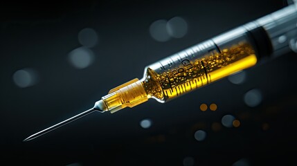 Syringe with yellow liquid on a black background. The concept of vaccination