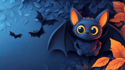 Vibrant blue background with cute bat illustrations 