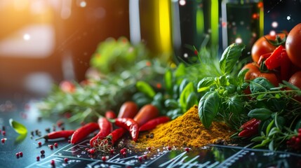 A vibrant assortment of fresh herbs and spices, including basil, chili peppers, and turmeric powder, displayed on a dark surface with light reflections. The colorful composition exudes a sense of