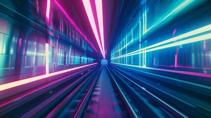 Vivid neon lights streak through a futuristic tunnel, creating a mesmerizing sense of speed and motion within the deep, vibrant hues of pink and blue.