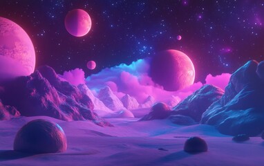 Poster - 3D cartoon depiction of a galaxy landscape featuring a nebula and planets in violet pink and blue hues