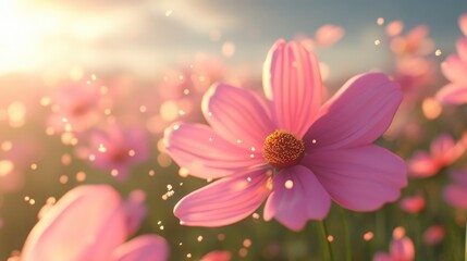 Poster - Pink cosmos with pollen particles on the petals in a 3D cartoon rendering on a summer day