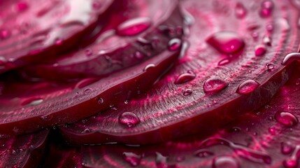 Wall Mural - Close-up of beetroot slices with glistening water droplets, showcasing their rich color and fresh appeal; an ideal image for healthy eating and food photography.