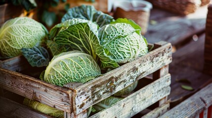 Poster - A rustic wooden crate filled with green cabbages, positioned on an outdoor wooden surface, evoking a farm-to-table vibe.