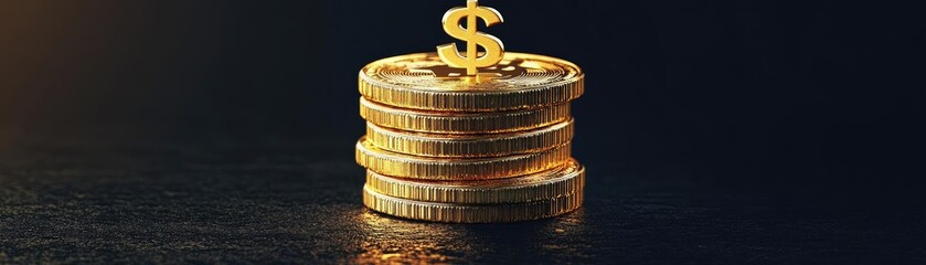 A stack of gold coins with a dollar sign on top, symbolizing finance, business, or savings