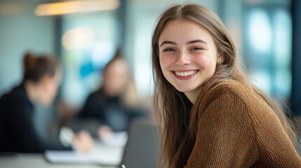 Poster - A young woman smiles warmly in a modern office space. Her positive energy shines through as she engages with her friends. This joyous image captures collaboration and friendship. AI